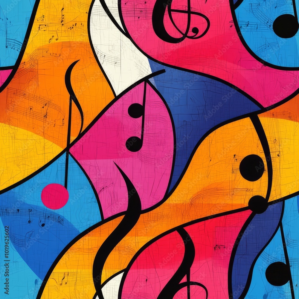 Seamless pattern of swirling musical notes and abstract instruments in vibrant colors Seamless pattern of swirling musical notes and abstract instruments in vibrant colors