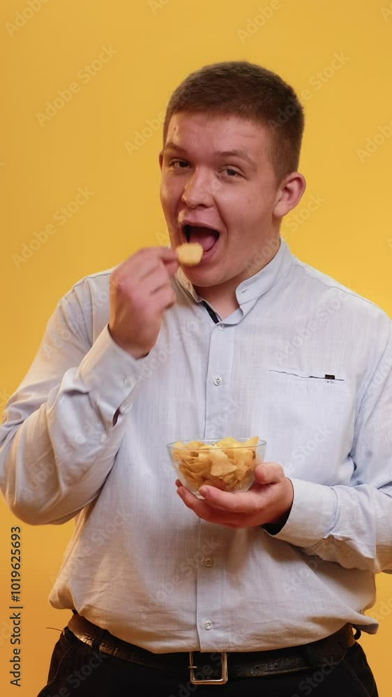 Vertical video. Food lover. Eating chips. Enjoying snacks. Diet problem. Cunning satisfied chubby overweight man tasting delicious crisps with pleasure isolated on yellow. Vertical video. Food lover. Eating chips. Enjoying snacks. Diet problem. Cunning satisfied chubby overweight man tasting delicious crisps with pleasure isolated on yellow.