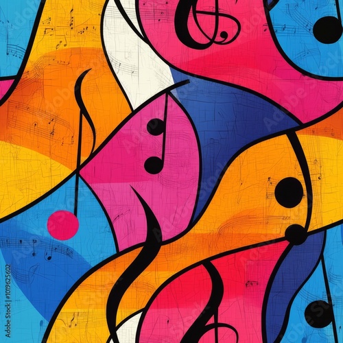 Seamless pattern of swirling musical notes and abstract instruments in vibrant colors