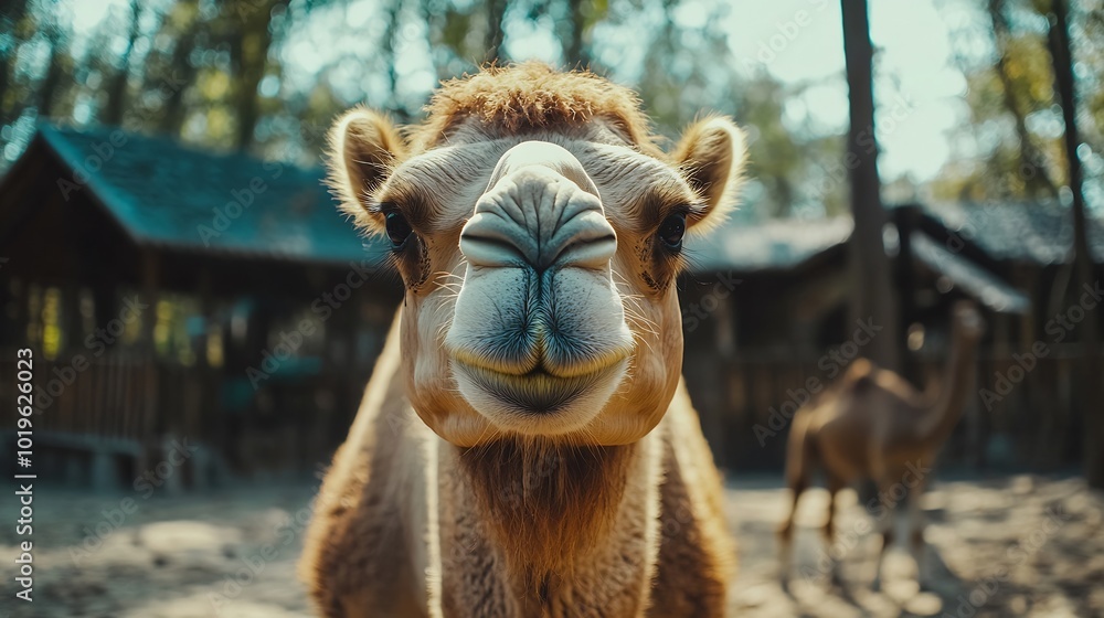 Obraz premium Funny camel at zoo wanting food : Generative AI