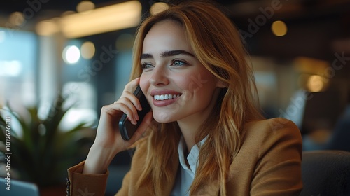 Cheerful businesswoman wearing a business attire sits in her office talking on the phone and smiling Young female professional enjoys a productive conversation with her business associ : Generative AI photo