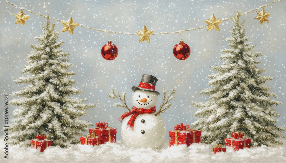 Whimsical winter holiday scene with trees, snowman, ornaments, and gifts Whimsical winter holiday scene with trees, snowman, ornaments, and gifts