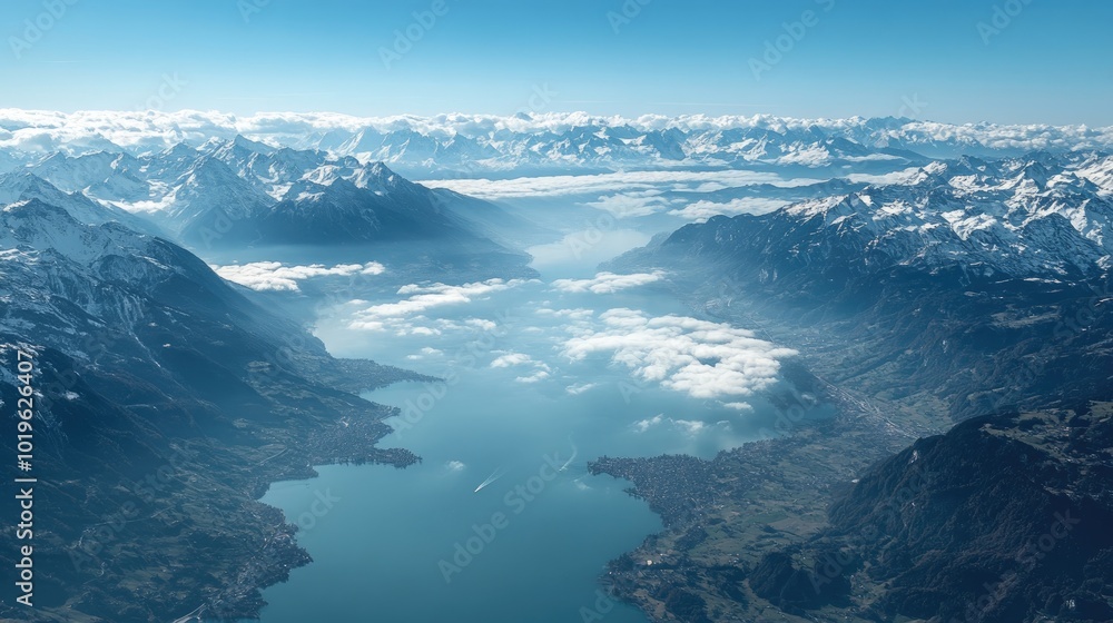 Serene Aerial View of Snowy Mountains and Lake Serene Aerial View of Snowy Mountains and Lake