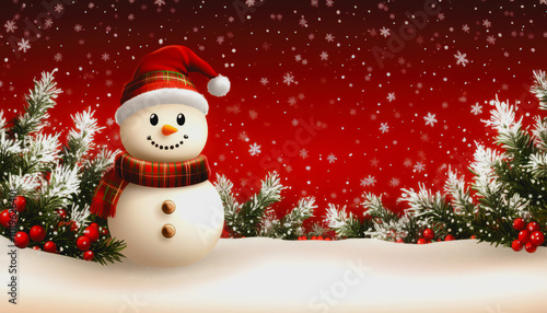 Snowman in a festive winter landscape with trees and snowflakes