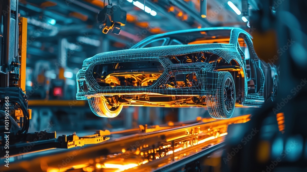 Fototapeta premium Futuristic Car Design in High Tech Factory Environment
