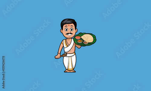 Cartoon man in traditional attire serving Indian food