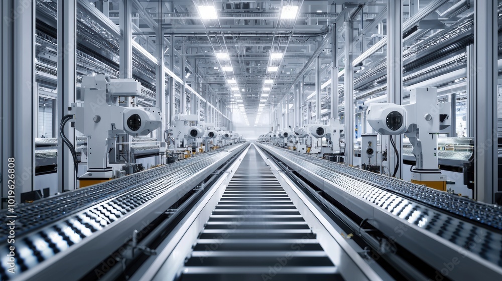 Fototapeta premium Futuristic Manufacturing Warehouse with Robotic Arms