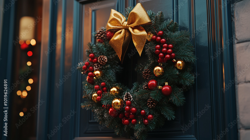 Elegant Christmas wreath with golden bow, red berries, and pinecones on a stylish blue door Elegant Christmas wreath with golden bow, red berries, and pinecones on a stylish blue door