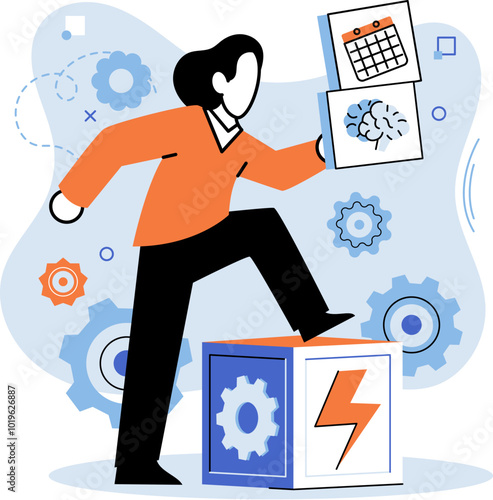 Resilience. A person steps on a gear-covered block while holding icons of scheduling and brainstorming. Ideal for themes of overcoming challenges, productivity, innovation, planning, and progress photo