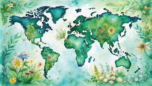 Fototapeta Naklejka Na Ścianę i Meble -  A watercolor world map rendered in shades of green, adorned with delicate floral details, evoking a sense of interconnectedness and flourishing life.