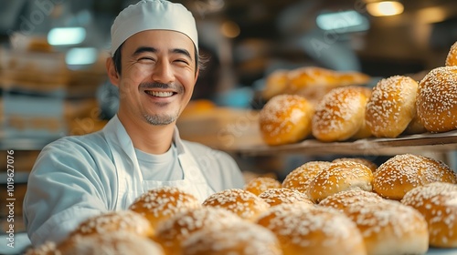 Smiling baker preparing sweet buns pastries with sesame seeds : Generative AI photo