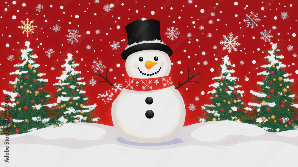Snowman in a festive winter landscape with trees and snowflakes Snowman in a festive winter landscape with trees and snowflakes