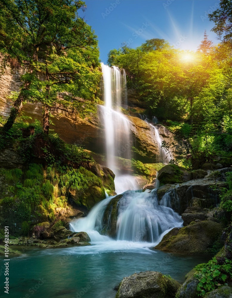 Obraz premium Crystal Clear Waterfall Cascading Down a Rocky Cliffside, Surrounded by Lush Green Trees and Vibrant Flora, Bathed in the Soft Light of Early Morning Sunshine