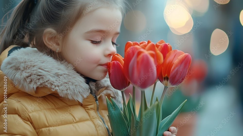 Little girl smelling flower of red tulips on city street in spring time Allergy concept : Generative AI Little girl smelling flower of red tulips on city street in spring time Allergy concept : Generative AI