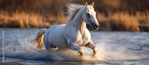 A white horse gallops through the water, its mane flowing in the wind. The horse is in motion, its legs churning the water, creating a spray of droplets. 