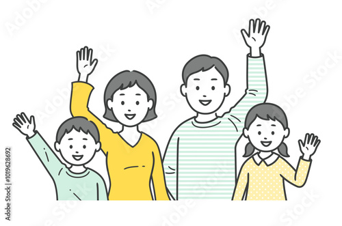 集合した家族が手を振る上半身イラスト