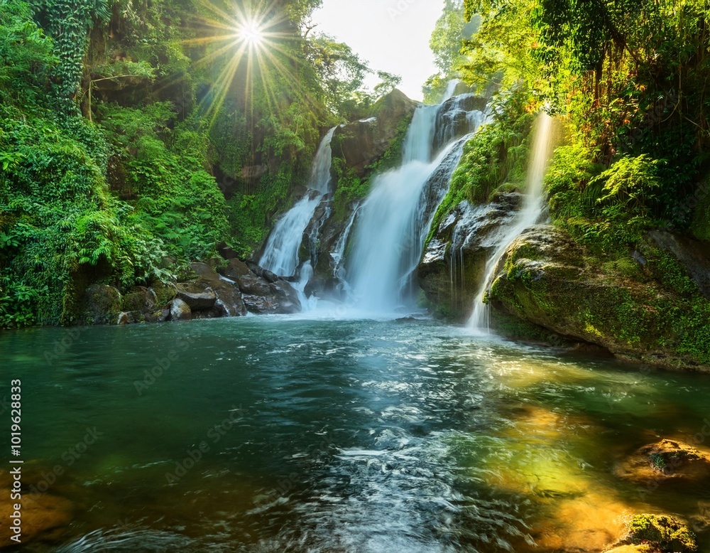 Crystal Clear Waterfall Cascading Down a Rocky Cliffside, Surrounded by Lush Green Trees and Vibrant Flora, Bathed in the Soft Light of Early Morning Sunshine Crystal Clear Waterfall Cascading Down a Rocky Cliffside, Surrounded by Lush Green Trees and Vibrant Flora, Bathed in the Soft Light of Early Morning Sunshine