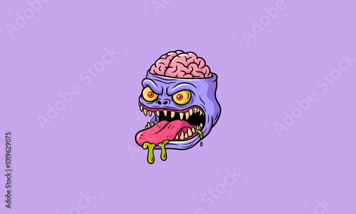 Cartoon monster head with brain exposed and green slime