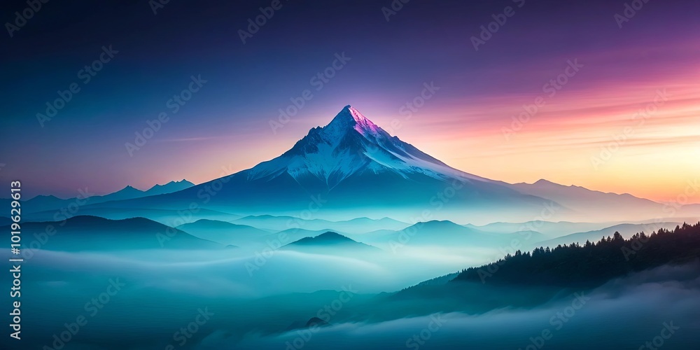 A majestic mountain peak pierces through a breathtaking canvas of pink and purple clouds, casting a vibrant silhouette against the vastness of the sky A majestic mountain peak pierces through a breathtaking canvas of pink and purple clouds, casting a vibrant silhouette against the vastness of the sky