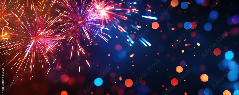 Naklejka premium Colorful fireworks burst against a dark background, creating a festive atmosphere filled with vibrant lights and celebration.