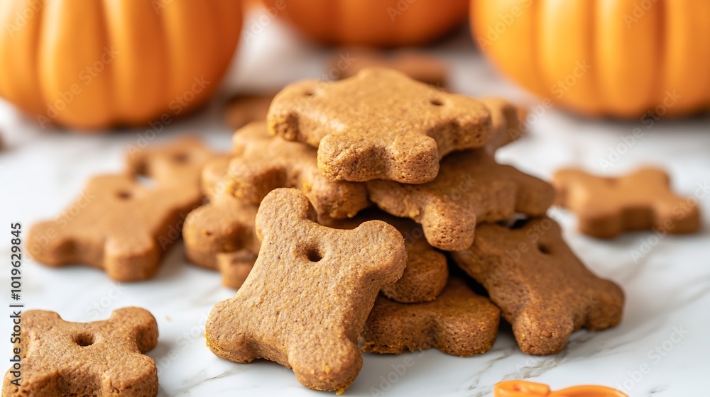 A pile of baked pumpkin dog treats on a marble background with pumpkins and a burnt orange dog collar : Generative AI A pile of baked pumpkin dog treats on a marble background with pumpkins and a burnt orange dog collar : Generative AI