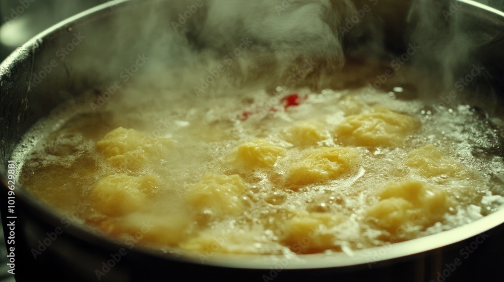 Steaming Pot of Boiling Dumplings in Broth Steaming Pot of Boiling Dumplings in Broth