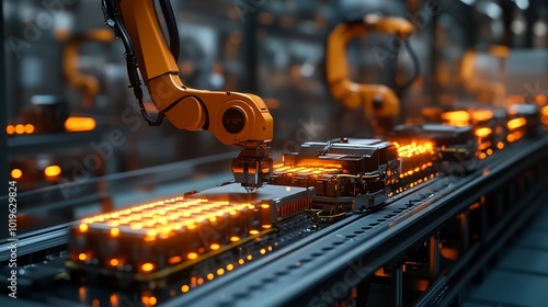 Modern EV Factory On Automated Production Line Robot Arms Transporting Automotive Battery Modules onto Conveyor Belt Electric Car Battery Pack Manufacturing Process : Generative AI