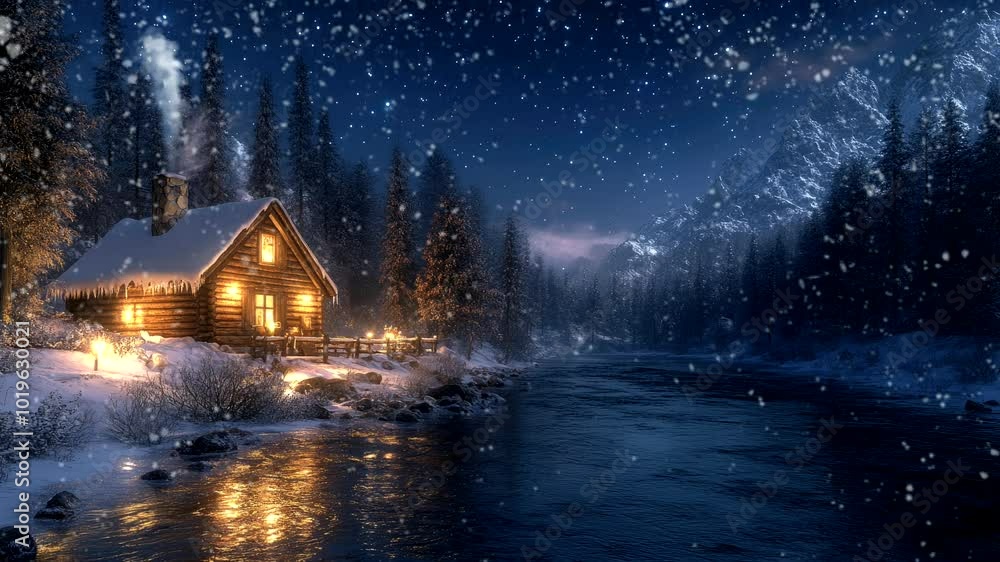 Snowy cabin glowing warmly by a river at night with snow falling, seamless looping 4K video animation background. Snowy cabin glowing warmly by a river at night with snow falling, seamless looping 4K video animation background.
