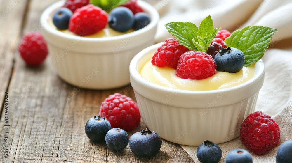 Fresh Berries with Creamy Dessert in White Bowls