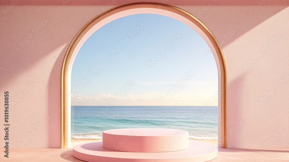 Fototapeta premium Pink Circular Podium with Ocean View through a Golden Archway