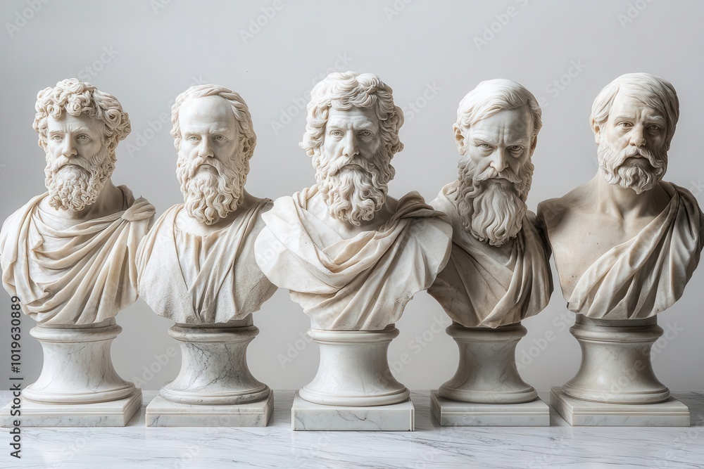 Obraz premium set of intricately carved marble busts depicting fictional philosophers classical style with modern twists varied expressions and unique characteristics for each figure clean white background