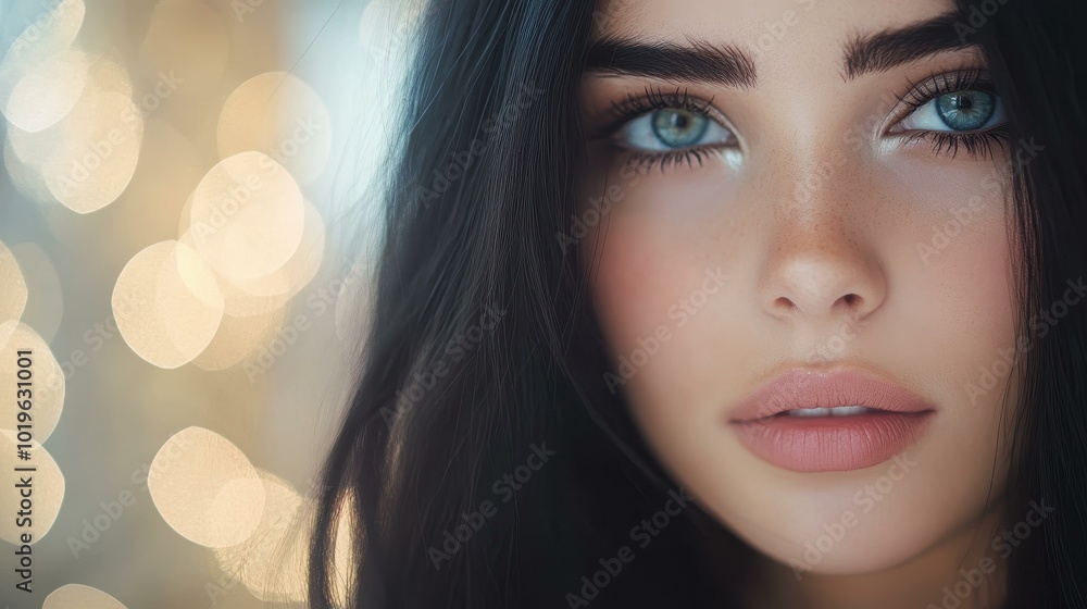 Stunning woman with sleek black hair showcases flawless makeup, posing gracefully amidst a softly blurred interior. Stunning woman with sleek black hair showcases flawless makeup, posing gracefully amidst a softly blurred interior.