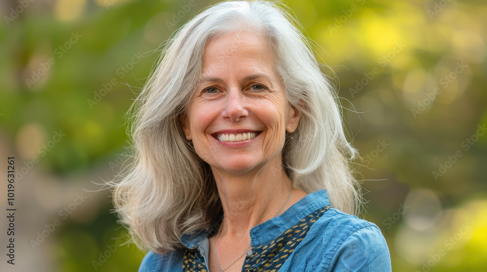 A radiant woman with gray hair embraces confidence in nature, inspiring beauty and grace with every smile. A radiant woman with gray hair embraces confidence in nature, inspiring beauty and grace with every smile.