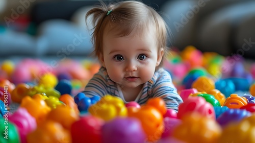 10 months baby girl playing with colorful plastic toy elements on a neutral grey background Concept of development play growth attention : Generative AI