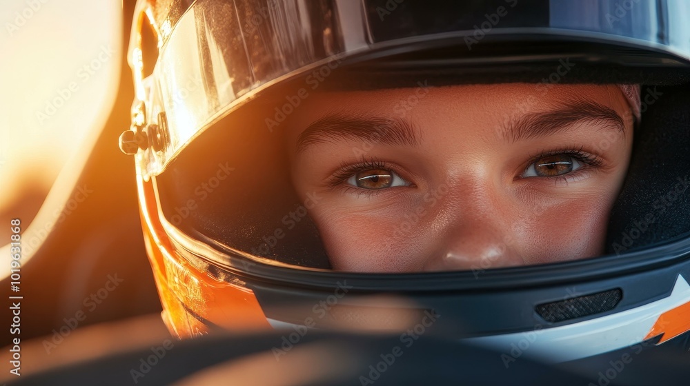 A focused Formula driver in cockpit at sunset, showcasing determination with an intense gaze in a sleek helmet. A focused Formula driver in cockpit at sunset, showcasing determination with an intense gaze in a sleek helmet.