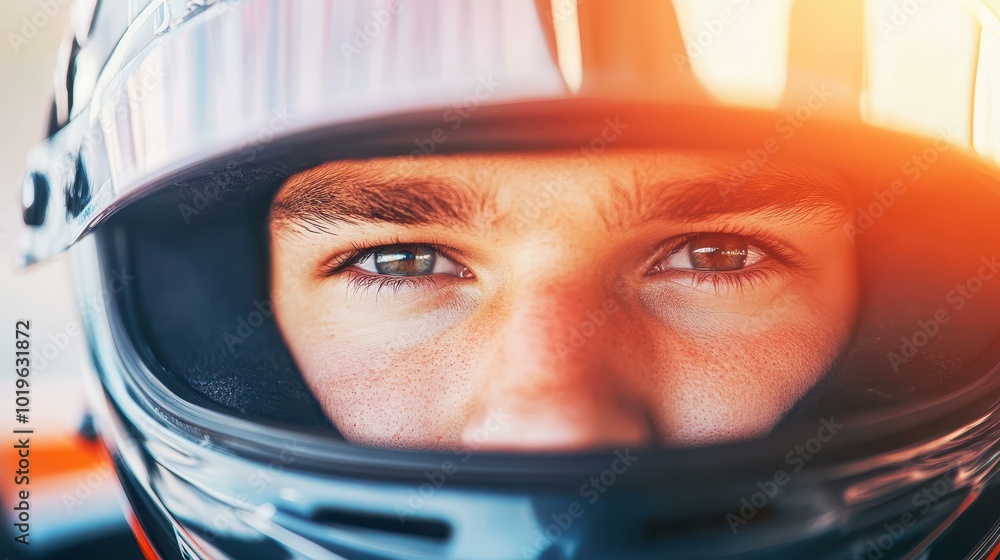 A focused Formula driver in cockpit at sunset, showcasing determination with an intense gaze in a sleek helmet. A focused Formula driver in cockpit at sunset, showcasing determination with an intense gaze in a sleek helmet.