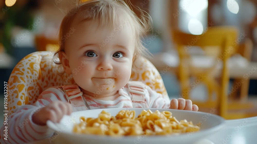 Cute child eats healthy food pasta and vegetables steamed Portraits of a cute 10 months old baby girl The baby sitting in a special high chair for babies : Generative AI Cute child eats healthy food pasta and vegetables steamed Portraits of a cute 10 months old baby girl The baby sitting in a special high chair for babies : Generative AI