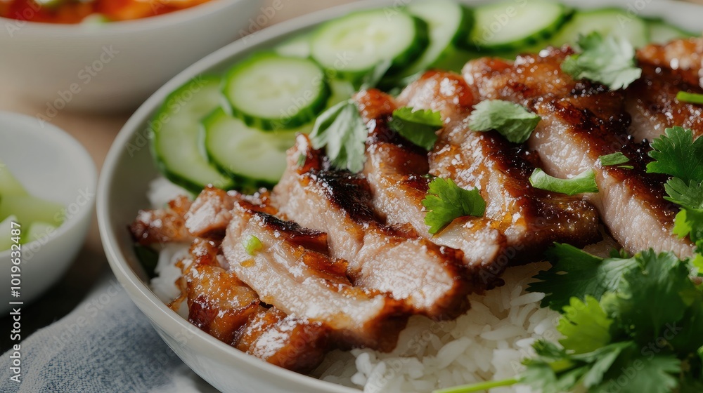 Delicious Grilled Meat with Fresh Vegetables and Rice Delicious Grilled Meat with Fresh Vegetables and Rice