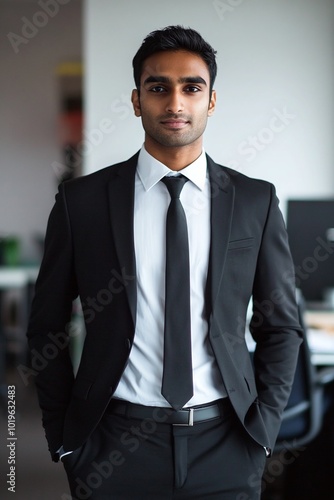 An Indian man wearing a black suit and tie, standing in an office