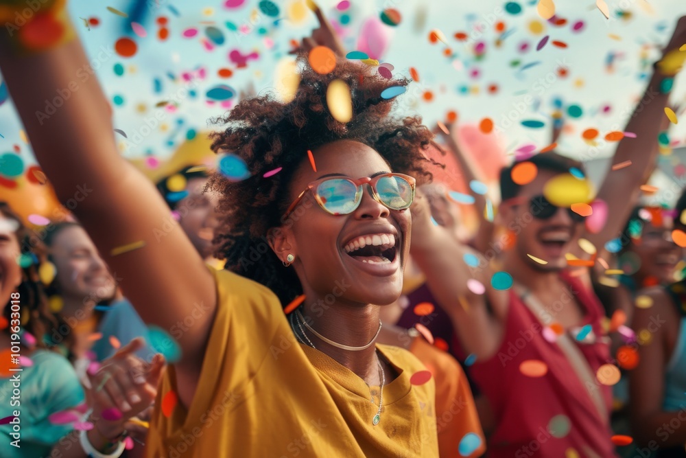 Naklejka premium Vibrant Celebration: Joyous Faces Amid Colorful Confetti