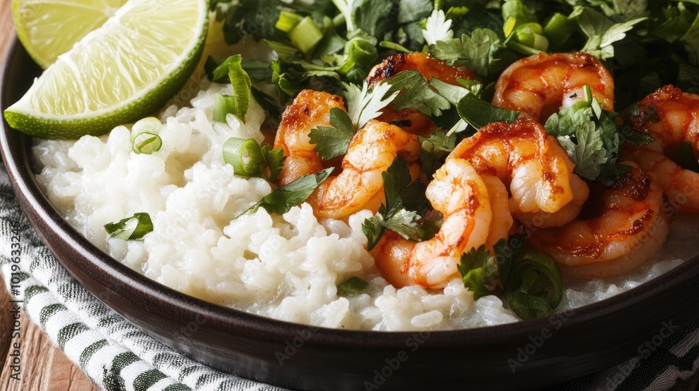 Shrimp with Rice and Fresh Herbs in Bowl Shrimp with Rice and Fresh Herbs in Bowl