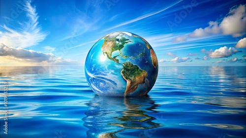 A globe representing the Earth floats on a serene ocean surface, a breathtaking visualization of our planet's delicate balance.