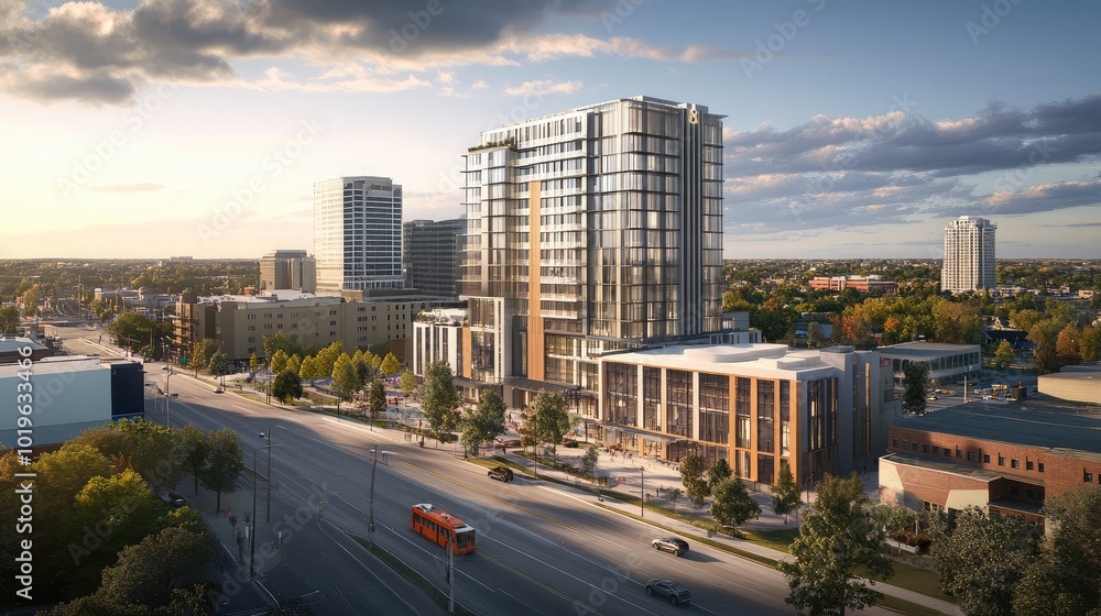 Modern Urban Building with Cityscape Background Modern Urban Building with Cityscape Background