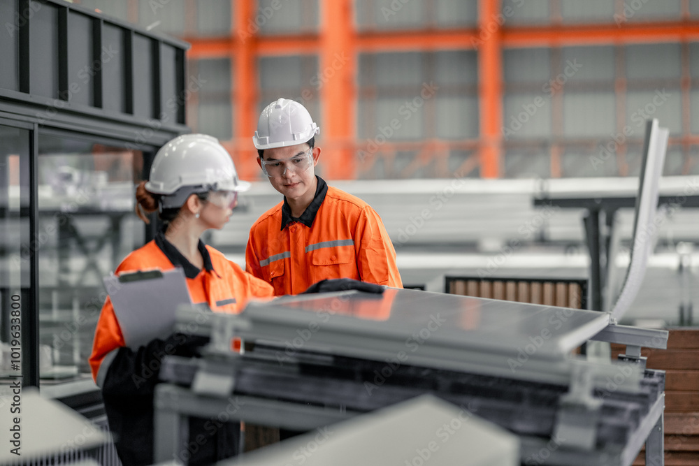 Factory metal workers install solar panels, cut costs, earn carbon credits, combat climate change. Factory metal workers install solar panels, cut costs, earn carbon credits, combat climate change.