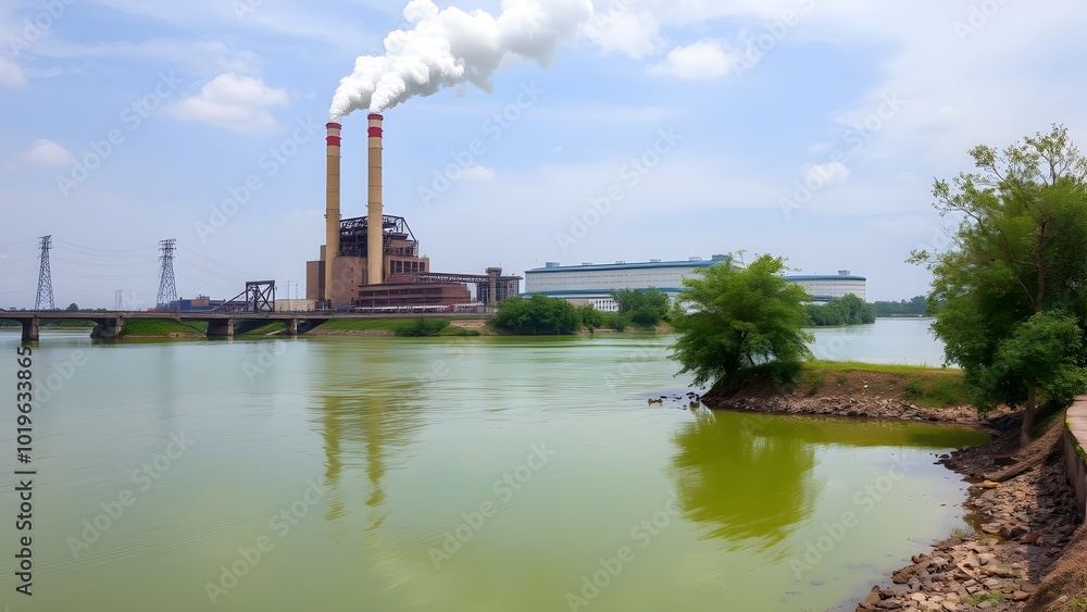 Industrial Power Plant by River with Smoke Industrial Power Plant by River with Smoke