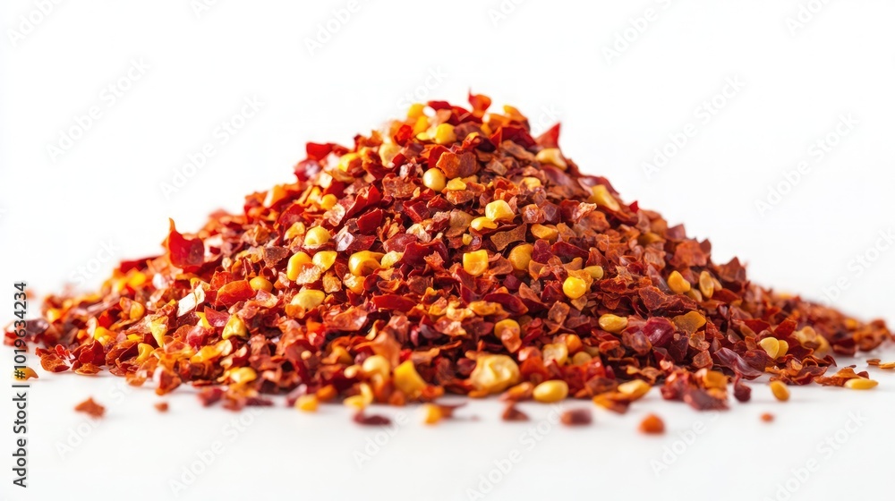 A pile of crushed red pepper flakes on a white background. A pile of crushed red pepper flakes on a white background.
