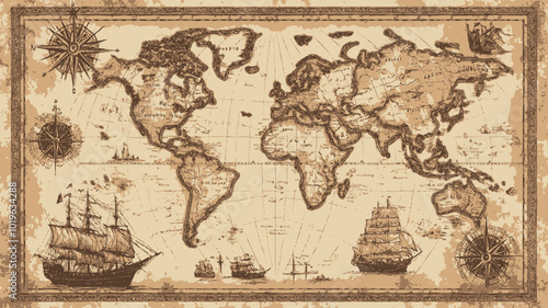 Antique world map on old paper background. Hand drawn illustration.