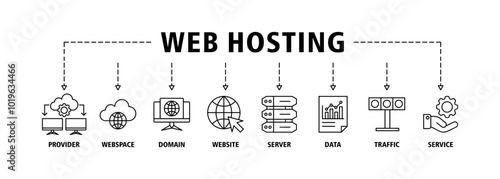 Web hosting banner web icon set vector illustration concept with icon of provider, web space, domain, website, server, data, traffic and service icons infographics symbol background
