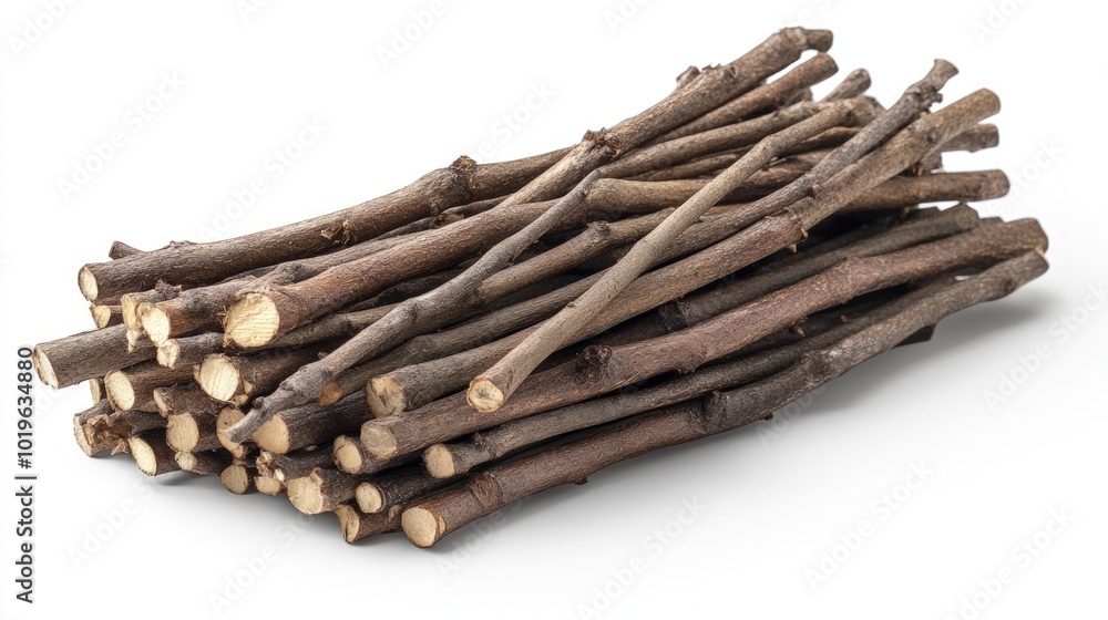 A pile of small, thin, brown branches, twigs, or sticks on a white background. A pile of small, thin, brown branches, twigs, or sticks on a white background.