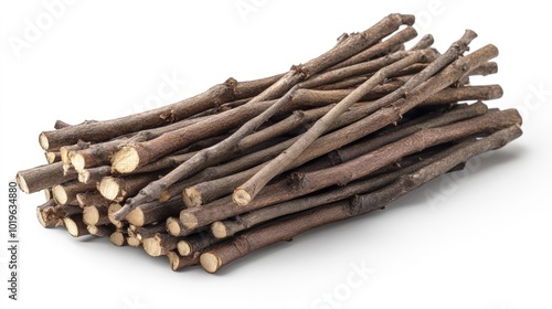 A pile of small, thin, brown branches, twigs, or sticks on a white background.